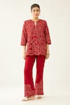 Buy_Kora_Red Silk, Cotton Embroidery Split V-neck Jaal Applique Work Top And Pant Set _at_Aza_Fashions