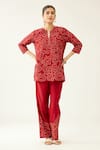 Kora_Red Silk, Cotton Embroidery Split V-neck Jaal Applique Work Top And Pant Set _at_Aza_Fashions