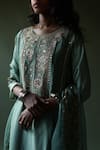 Pooja Singhal_Green Satin Organza Embroidery Gota Round Floral Kurta Pant Set _Online_at_Aza_Fashions