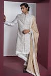 Buy_Contrast By Parth_Off White Raw Silk Embroidered Thread Dazzle Pearl Sherwani Set _at_Aza_Fashions