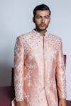 Buy_Contrast By Parth_Peach Raw Silk Embroidered Pearl Rose Garden Mirror And Sherwani Set _Online_at_Aza_Fashions