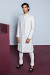 Buy_Contrast By Parth_Ivory Jacquard Embroidered Zardosi Rose Quartz Sherwani Set _at_Aza_Fashions