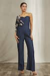 Buy_Samyukta Singhania_Blue Tensil Denim Printed One-shoulder Jumpsuit _at_Aza_Fashions