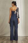 Shop_Samyukta Singhania_Blue Tensil Denim Printed One-shoulder Jumpsuit _at_Aza_Fashions