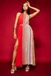 Buy_Esha L Amin_Coral Modal Satin Printed Geometric Halter And Dress _at_Aza_Fashions