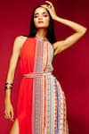 Esha L Amin_Coral Modal Satin Printed Geometric Halter And Dress _Online_at_Aza_Fashions