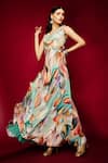 Buy_Esha L Amin_Green Viscose Pearls V-neck Geometric Print V Dress _at_Aza_Fashions