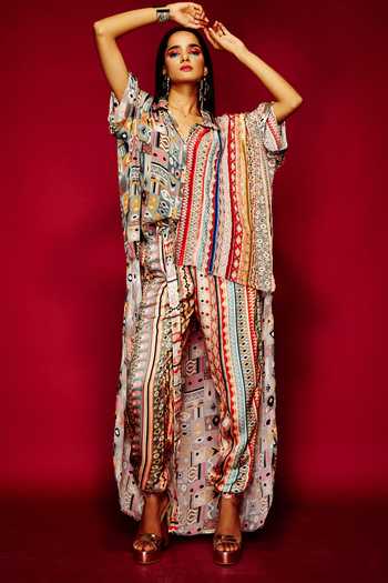 Buy_Esha L Amin_Multi Color Viscose Embroidery Collared Tribal Print And Shirt _at_Aza_Fashions