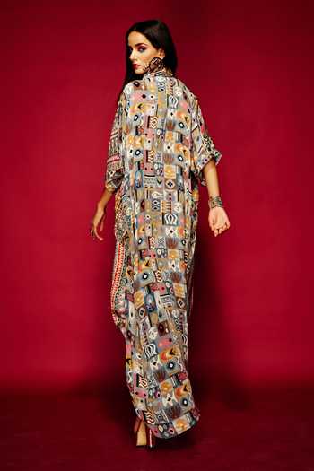 Shop_Esha L Amin_Multi Color Viscose Embroidery Collared Tribal Print And Shirt _at_Aza_Fashions
