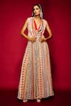 Buy_Esha L Amin_Multi Color Viscose Printed Tribal Plunge V Neck Jumpsuit _at_Aza_Fashions