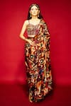 Buy_Esha L Amin_Brown Modal Satin Printed Geometric Tribal Pre-draped Saree _at_Aza_Fashions