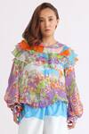 Shop_Studio Moda India_Multi Color Organza Ruffles Round Neck Bellatrix Abstract Pattern Shirt_Online_at_Aza_Fashions