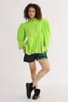 Buy_Studio Moda India_Green Cotton Plain Collared Neck Pucker Exaggerated Sleeve Shirt  _at_Aza_Fashions