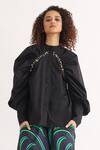 Studio Moda India_Black Cotton Embroidery Round Neck Tipid Raglan Puff Sleeve Shirt _Online_at_Aza_Fashions