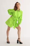 Shop_Studio Moda India_Green Cotton Collared The Melinoe Front Tie Up Playsuit _Online_at_Aza_Fashions