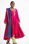 Nitika Gujral_Fuchsia Chanderi Tissue Embroidery Zari Leaf Neck Anarkali Trouser Set  _Online_at_Aza_Fashions