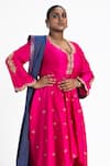 Buy_Nitika Gujral_Fuchsia Chanderi Tissue Embroidery Zari Leaf Neck Anarkali Trouser Set  _Online_at_Aza_Fashions