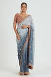 Buy_Nitika Gujral_Grey Georgette Embellished Gold Zari V Neck Floral Butti Saree With Blouse _at_Aza_Fashions