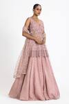 Buy_Nitika Gujral_Pink Net, Organza Sequins, Beads, Embroidery V-neck Peplum Jacket Lehenga Set _Online_at_Aza_Fashions