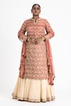 Buy_Nitika Gujral_Orange Kurta Satin Linen Embroidered And Woven Sequin Keyhole Round Lehenga Set _at_Aza_Fashions