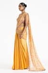 Nitika Gujral_Orange Satin Embroidered Thread Sweetheart Neck Pre-draped Saree And Blouse Set _Online_at_Aza_Fashions