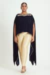 Buy_Nitika Gujral_Blue Velvet, Lycra, Brocade Tassels, Embroidery Boat Zari Poncho Trouser Set _at_Aza_Fashions