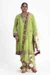 Buy_Nitika Gujral_Green Georgette Embroidery Multi Color Resham Patra Notched V Kurta Pant Set _at_Aza_Fashions