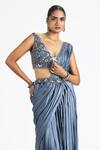 Buy_Nitika Gujral_Grey Satin, Organza Mirrors, Beads V-neck Work Pre-draped Saree With Blouse _Online_at_Aza_Fashions