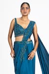 Shop_Nitika Gujral_Blue Satin Embroidery Crystal Vine Embellished Pre-draped Saree With Blouse _at_Aza_Fashions