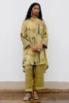 Buy_Archana Jaju_Gold Soft Silk Hand Painted Kalamkari Mandarin Shirt And Pant Set _at_Aza_Fashions