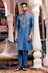 Buy_DiyaRajvvir_Blue Cotton Silk Embroidery Thread Yoke Kurta Set _at_Aza_Fashions