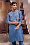 Shop_DiyaRajvvir_Blue Cotton Silk Embroidery Thread Yoke Kurta Set _at_Aza_Fashions