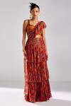 Buy_DiyaRajvvir_Orange Georgette Floral Jaal Print Pre Draped Ruffle Saree With Blouse_at_Aza_Fashions