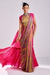 Buy_DiyaRajvvir_Pink Cotton Silk Blouse Abstract Striped Print Gharara Saree Cape Set _at_Aza_Fashions