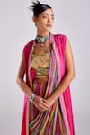 DiyaRajvvir_Pink Cotton Silk Blouse Abstract Striped Print Gharara Saree Cape Set _Online_at_Aza_Fashions
