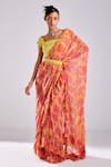 Buy_DiyaRajvvir_Pink Tulle And Georgette Print Hibiscus Bloom Square Pre-draped Ruffle Saree Set _at_Aza_Fashions