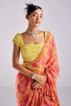 Buy_DiyaRajvvir_Pink Tulle And Georgette Print Hibiscus Bloom Square Pre-draped Ruffle Saree Set _Online_at_Aza_Fashions