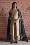 KARAJ JAIPUR_Beige Kurta And Pant Pure Chanderi Plain V Neck Solid A-line Set _Online_at_Aza_Fashions