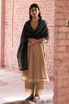 Shop_KARAJ JAIPUR_Beige Kurta And Pant Pure Chanderi Plain V Neck Solid A-line Set _Online_at_Aza_Fashions