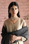 KARAJ JAIPUR_Beige Kurta And Pant Pure Chanderi Plain V Neck Solid A-line Set _at_Aza_Fashions