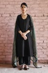 Buy_KARAJ JAIPUR_Black Kurta And Pant Pure Chanderi Plain V Neck A-line Scalloped Set _at_Aza_Fashions