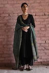 Shop_KARAJ JAIPUR_Black Kurta And Pant Pure Chanderi Plain V Neck A-line Scalloped Set _Online_at_Aza_Fashions