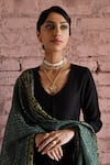 KARAJ JAIPUR_Black Kurta And Pant Pure Chanderi Plain V Neck A-line Scalloped Set _at_Aza_Fashions