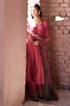 Karaj Jaipur_Pink Chanderi Sequins V-neck Plain A-line Kurta Pant Set _at_Aza_Fashions