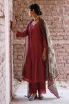 Buy_KARAJ JAIPUR_Red Kurta And Pant Pure Chanderi Plain V Neck A-line Scalloped Hem Set _Online_at_Aza_Fashions