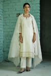 Buy_KARAJ JAIPUR_Cream Pure Chanderi Embroidered Gota Notched Kurta Pant Set _at_Aza_Fashions