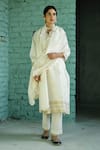 KARAJ JAIPUR_Cream Pure Chanderi Embroidered Gota Notched Kurta Pant Set _Online_at_Aza_Fashions