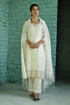 Buy_KARAJ JAIPUR_Cream Pure Chanderi Embroidered Gota Notched Kurta Pant Set _Online_at_Aza_Fashions