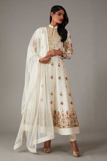 Buy_Rohit Bal_Ivory Silk, Chanderi, Cotton Embroidery Mandarin Damask Blossom Anarkali Set _at_Aza_Fashions