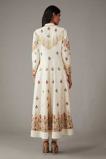 Shop_Rohit Bal_Ivory Silk, Chanderi, Cotton Embroidery Mandarin Damask Blossom Anarkali Set _at_Aza_Fashions